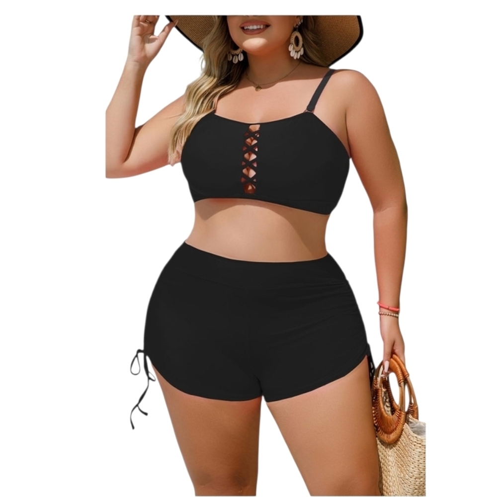 YELAIVP - XL Black Sporty Two Piece Bandeau Swimsuit - Picture 1 of 10